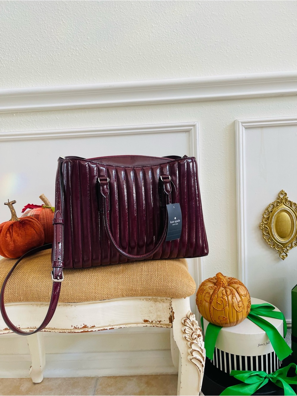 Kate Spade New York Thompson Street Shiny Quilted Satchel Bag Burgundy - Picture 10 of 16